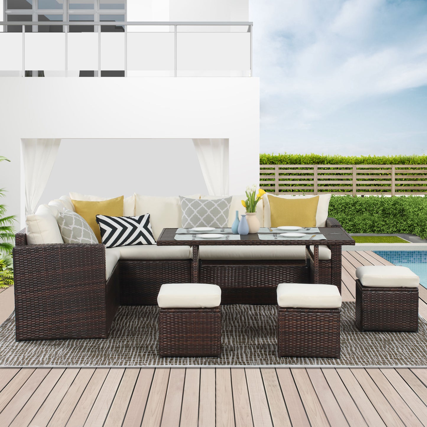 7 PCS Outdoor Dining Table Chair with Ottoman