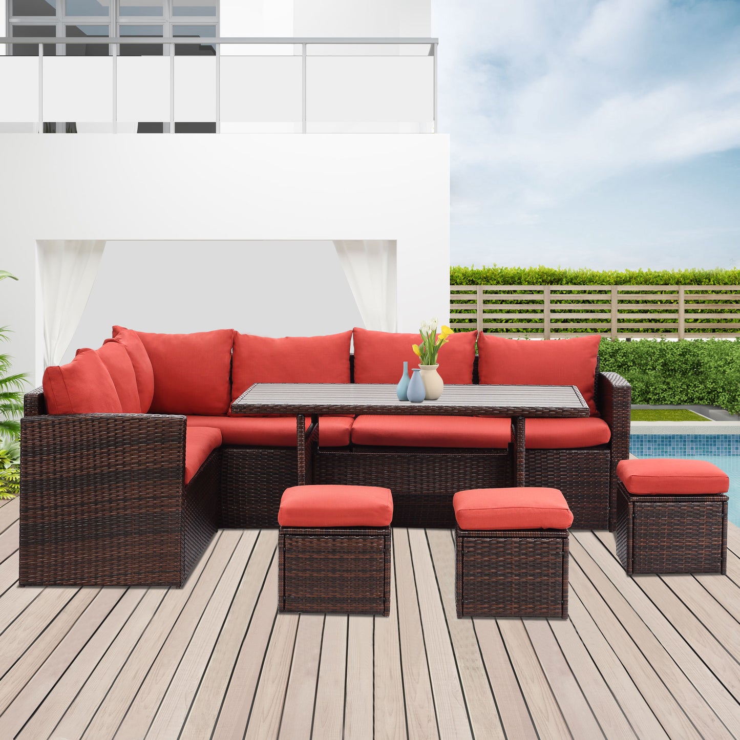 7 PCS Outdoor Dining Table Chair with Ottoman