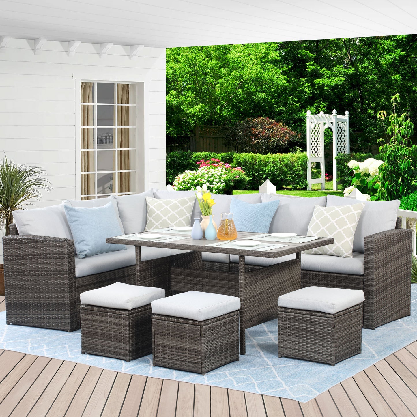 7 PCS Outdoor Dining Table Chair with Ottoman