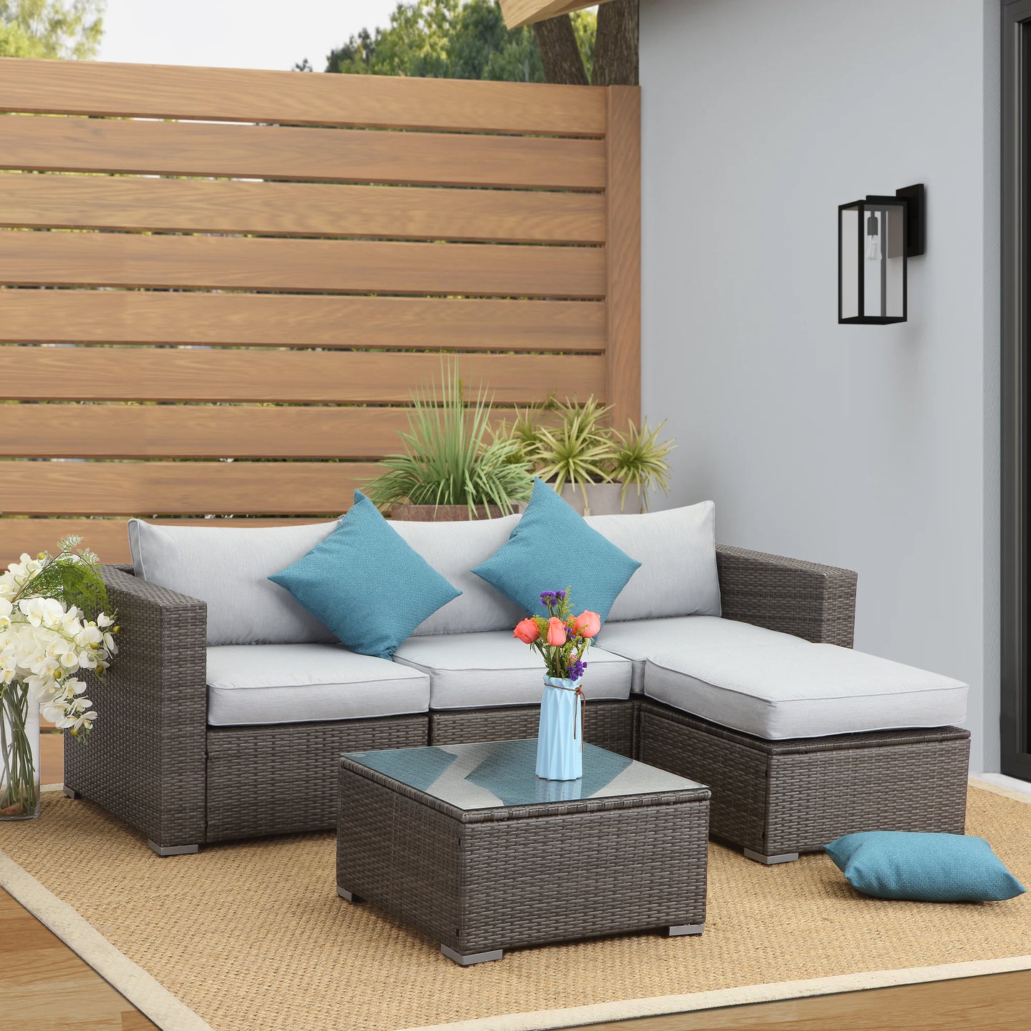 5 PCS Outdoor Patio PE Rattan Wicker Sofa with Ottoman