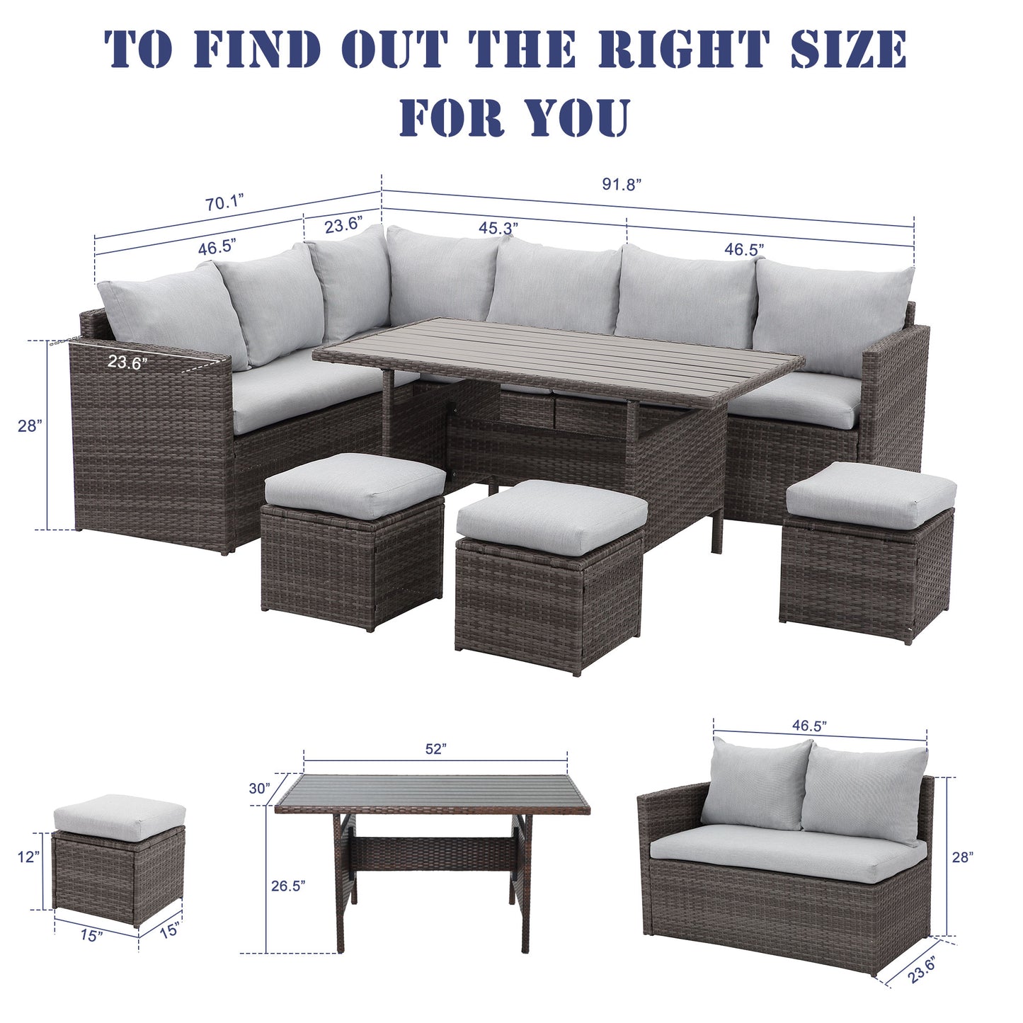 7 PCS Outdoor Dining Table Chair with Ottoman