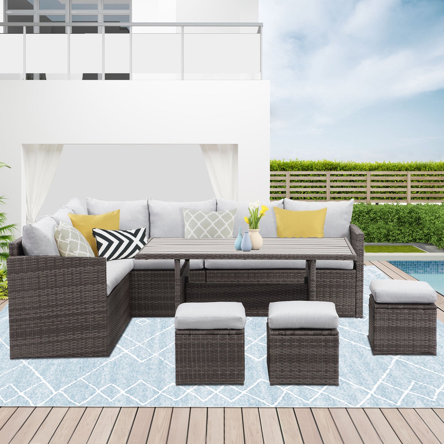 7 PCS Outdoor Dining Table Chair with Ottoman