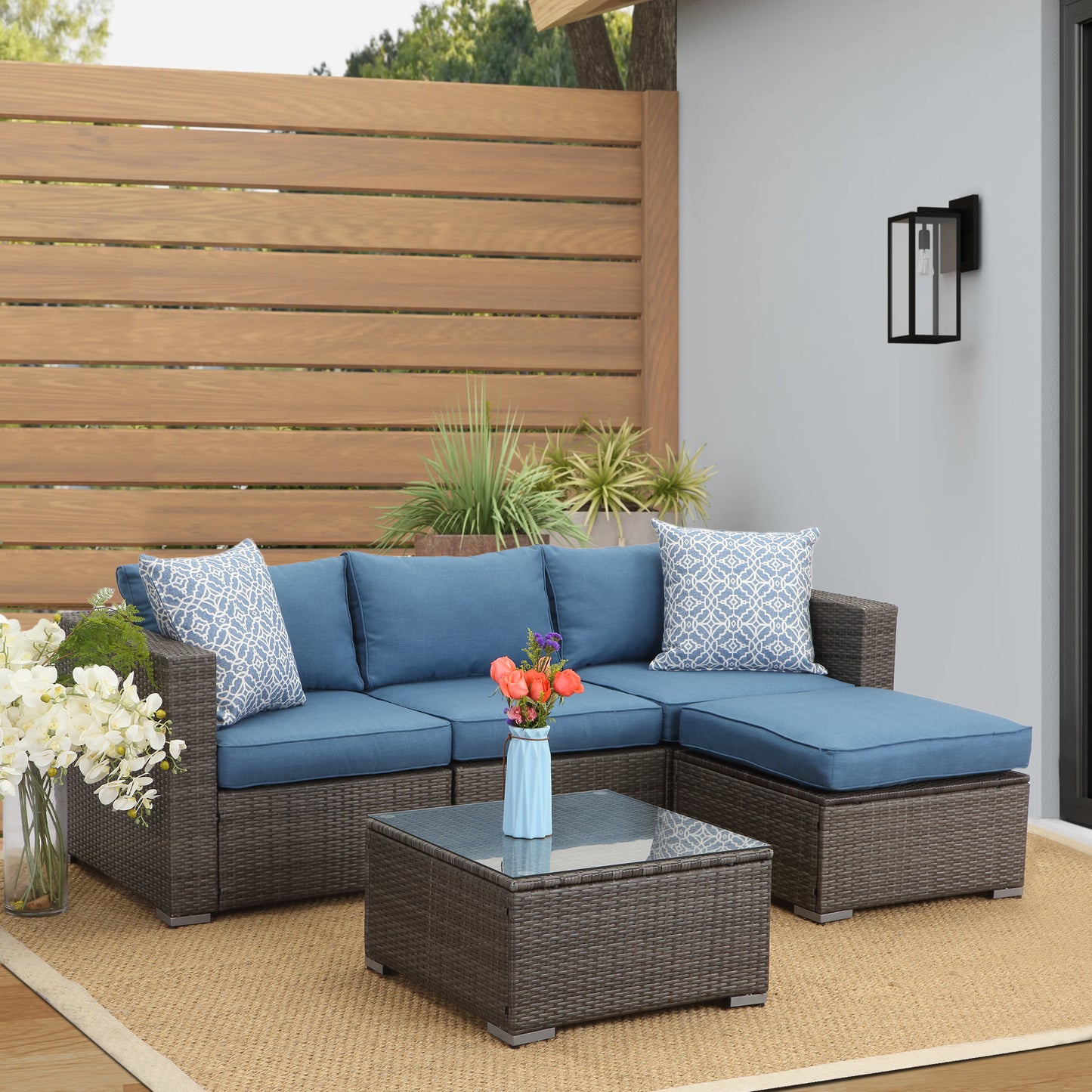 5 PCS Outdoor Patio PE Rattan Wicker Sofa with Ottoman