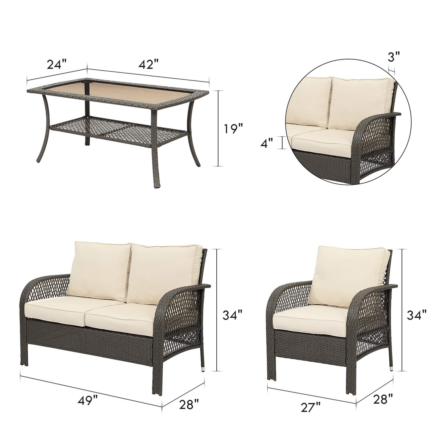 4 Pieces Outdoor Wicker Furniture Set