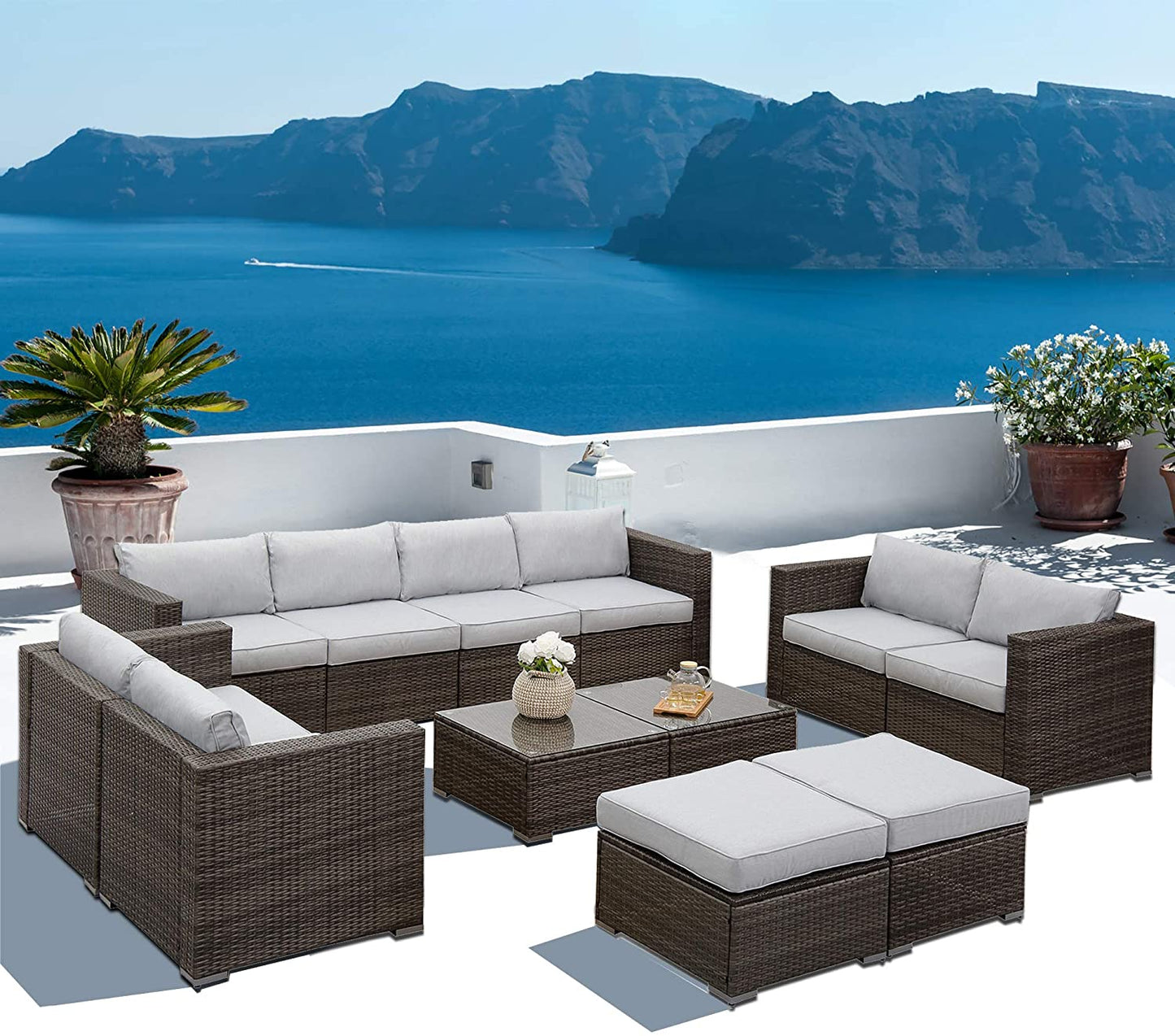 12 PCS Outdoor Patio PE Rattan Wicker Sofa with Ottoman